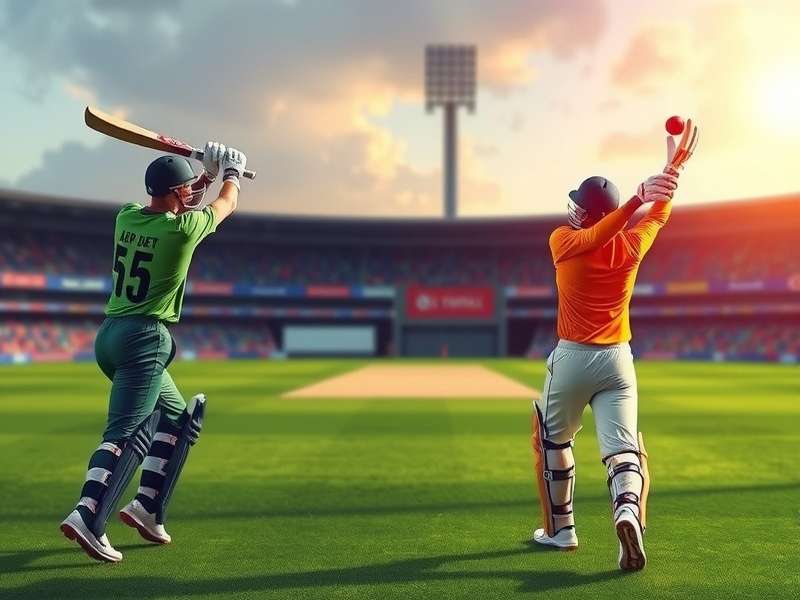 Cricket players celebrating on a lush green field under floodlights